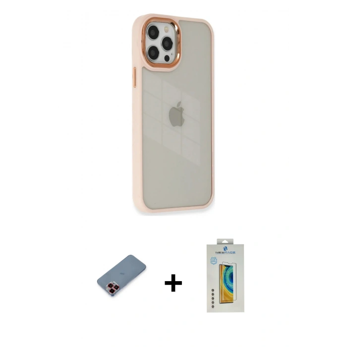 MARSİLYAN™- iPhone 12 Pro Max Kılıf Eksen Doku Prime - Siyah Polymer Nano Ekran Koruyucu + Kırmızı Metal Kamera Lens Koruma Cam