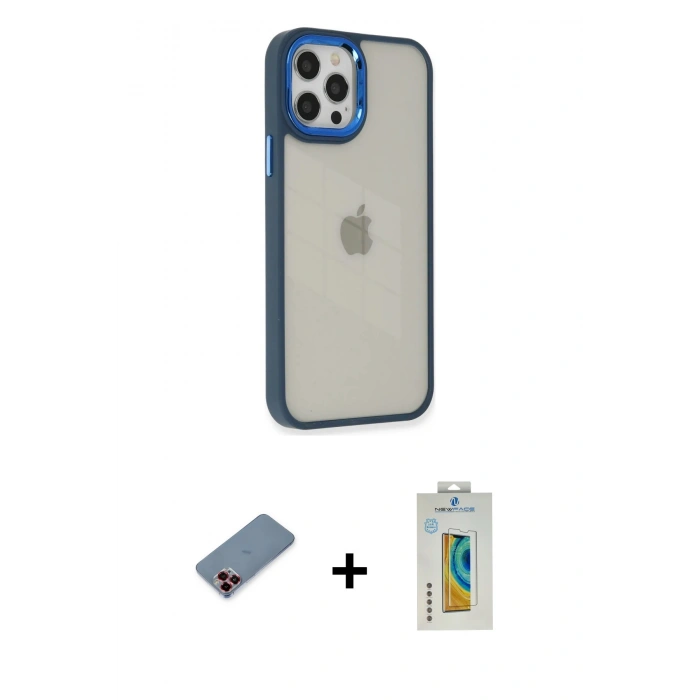 MARSİLYAN™- iPhone 12 Pro Max Kılıf Eksen Doku Prime - Siyah Polymer Nano Ekran Koruyucu + Kırmızı Metal Kamera Lens Koruma Cam
