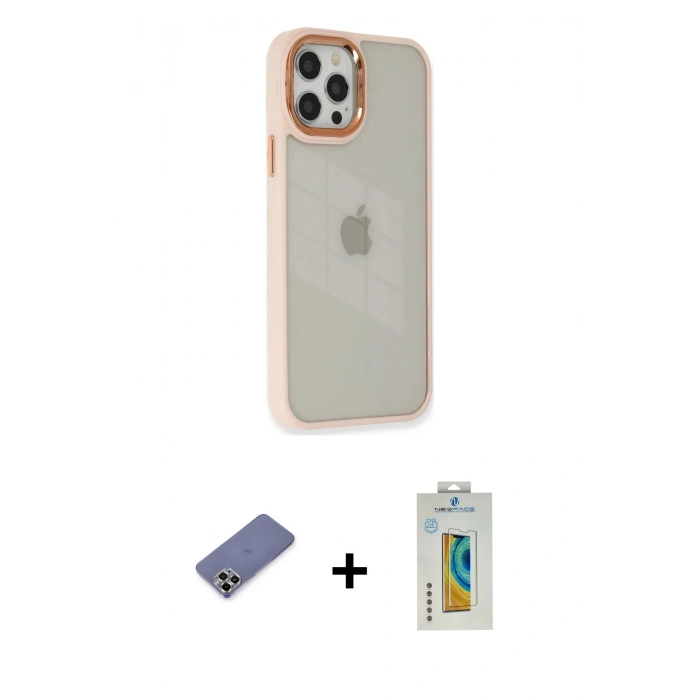 MARSİLYAN™- iPhone 12 Pro Max Kılıf Eksen Doku Prime - Siyah Polymer Nano Ekran Koruyucu + Metal Kamera Lens Koruma Cam - GD