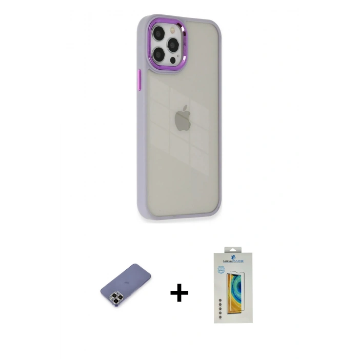 MARSİLYAN™- iPhone 12 Pro Max Kılıf Eksen Doku Prime - Siyah Polymer Nano Ekran Koruyucu + Metal Kamera Lens Koruma Cam - GD