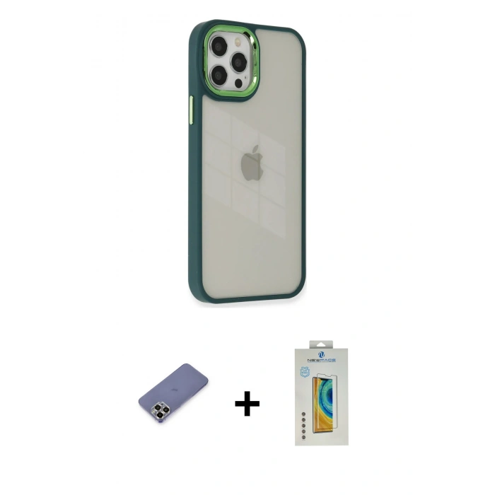MARSİLYAN™- iPhone 12 Pro Max Kılıf Eksen Doku Prime - Siyah Polymer Nano Ekran Koruyucu + Metal Kamera Lens Koruma Cam - GD
