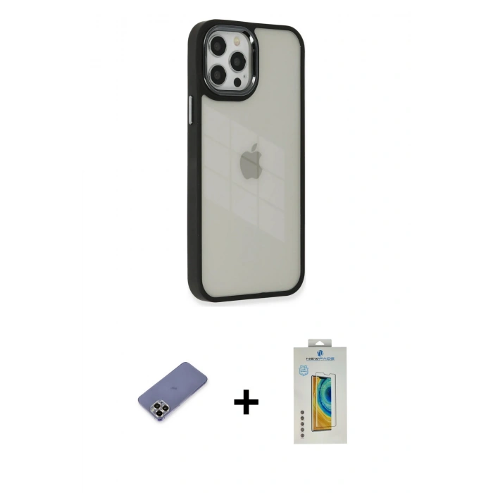 MARSİLYAN™- iPhone 12 Pro Max Kılıf Eksen Doku Prime - Siyah Polymer Nano Ekran Koruyucu + Metal Kamera Lens Koruma Cam - GD