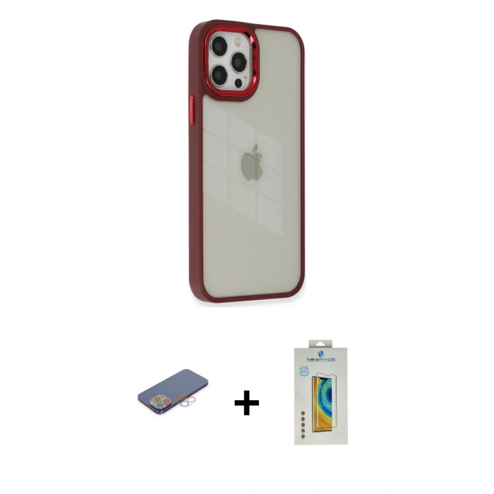 MARSİLYAN™- iPhone 12 Pro Max Kılıf Eksen Doku Prime - Siyah Polymer Nano Ekran Koruyucu + Pembe Renkli Kamera Lens Koruma Cam