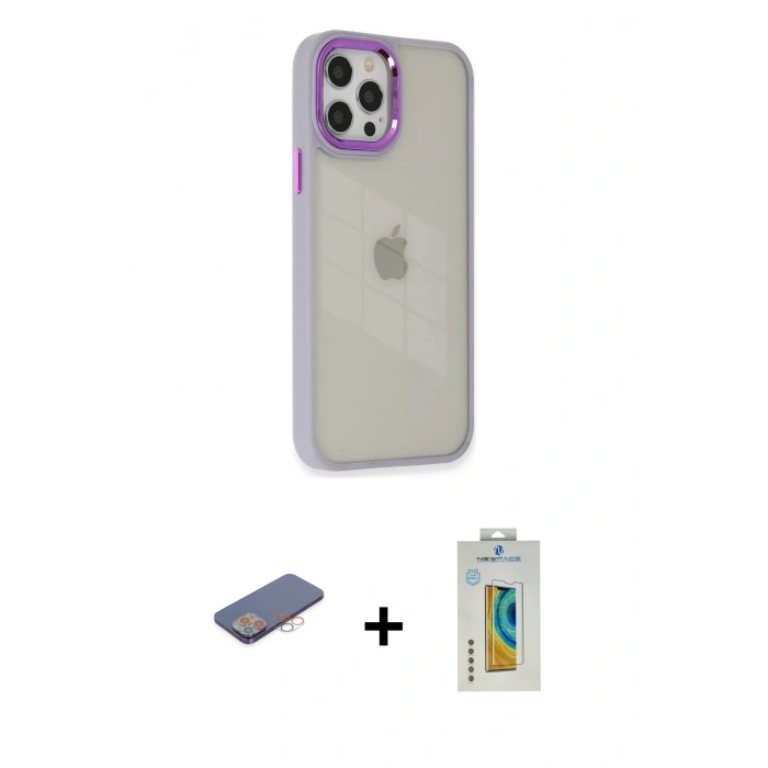 MARSİLYAN™- iPhone 12 Pro Max Kılıf Eksen Doku Prime - Siyah Polymer Nano Ekran Koruyucu + Pembe Renkli Kamera Lens Koruma Cam