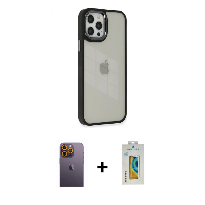 MARSİLYAN™- iPhone 12 Pro Max Kılıf Eksen Doku Prime - Siyah Polymer Nano Ekran Koruyucu + Neon Fosforlu Kamera Lens - SI