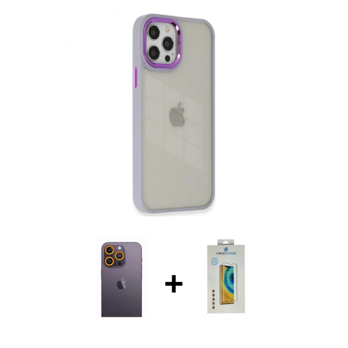MARSİLYAN™- iPhone 12 Pro Max Kılıf Eksen Doku Prime - Siyah Polymer Nano Ekran Koruyucu + Neon Fosforlu Kamera Lens - SI