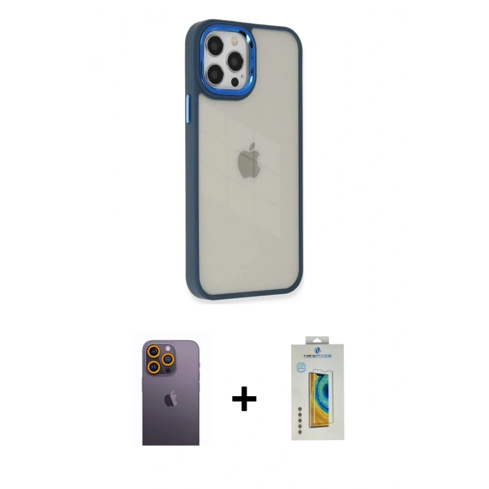 MARSİLYAN™- iPhone 12 Pro Max Kılıf Eksen Doku Prime - Siyah Polymer Nano Ekran Koruyucu + Neon Fosforlu Kamera Lens - SI