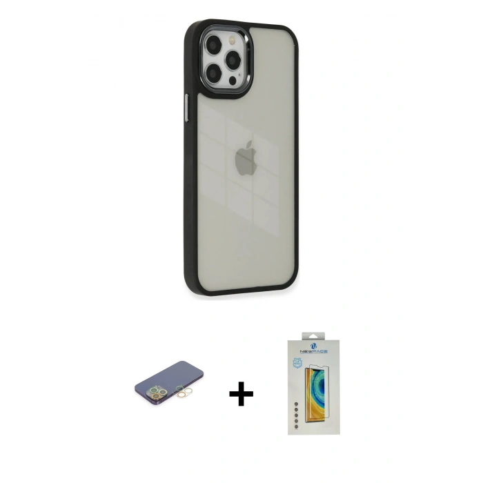 MARSİLYAN™- iPhone 12 Pro Max Kılıf Eksen Doku Prime - Siyah Polymer Nano Ekran Koruyucu + Renkli Kamera Lens Koruma Cam - SI
