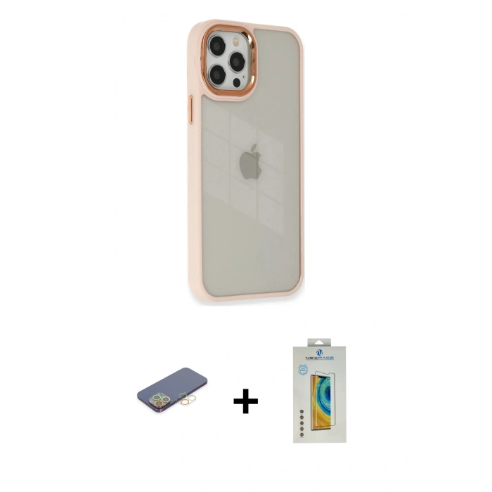 MARSİLYAN™- iPhone 12 Pro Max Kılıf Eksen Doku Prime - Siyah Polymer Nano Ekran Koruyucu + Renkli Kamera Lens Koruma Cam - SI