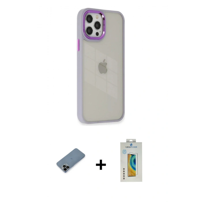 MARSİLYAN™- iPhone 12 Pro Max Kılıf Eksen Doku Prime - Siyah Polymer Nano Ekran Koruyucu + Shine Kamera Lens Koruma Cam - SH