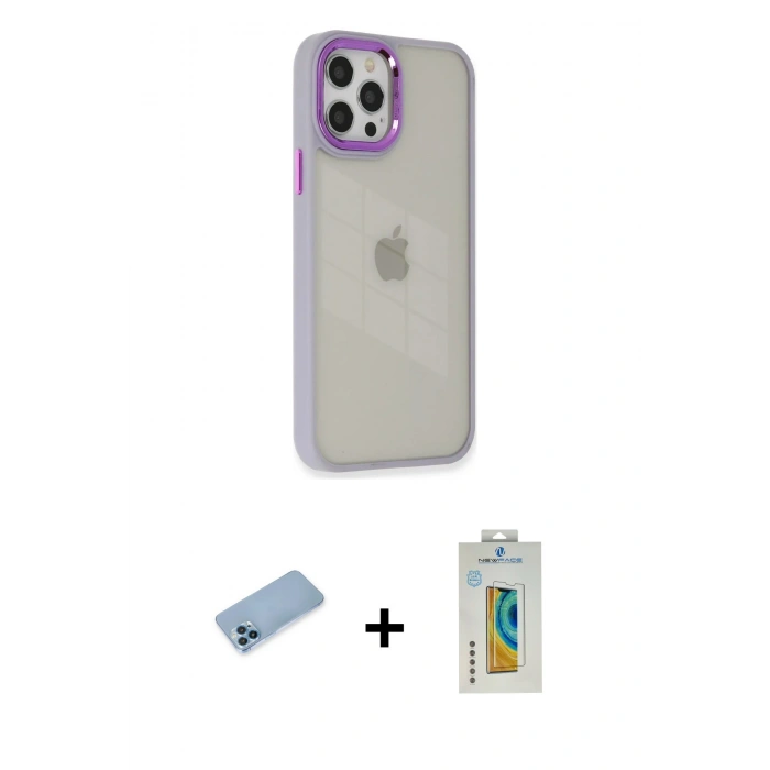 MARSİLYAN™- iPhone 12 Pro Max Kılıf Eksen Doku Prime - Siyah Polymer Nano Ekran Koruyucu + Shine Kamera Lens Koruma Cam - MI