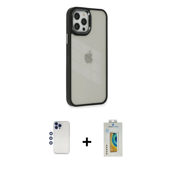MARSİLYAN™- iPhone 12 Pro Max Kılıf Eksen Doku Prime - Siyah Polymer Nano Ekran Koruyucu + Shine Kamera Lens - LT
