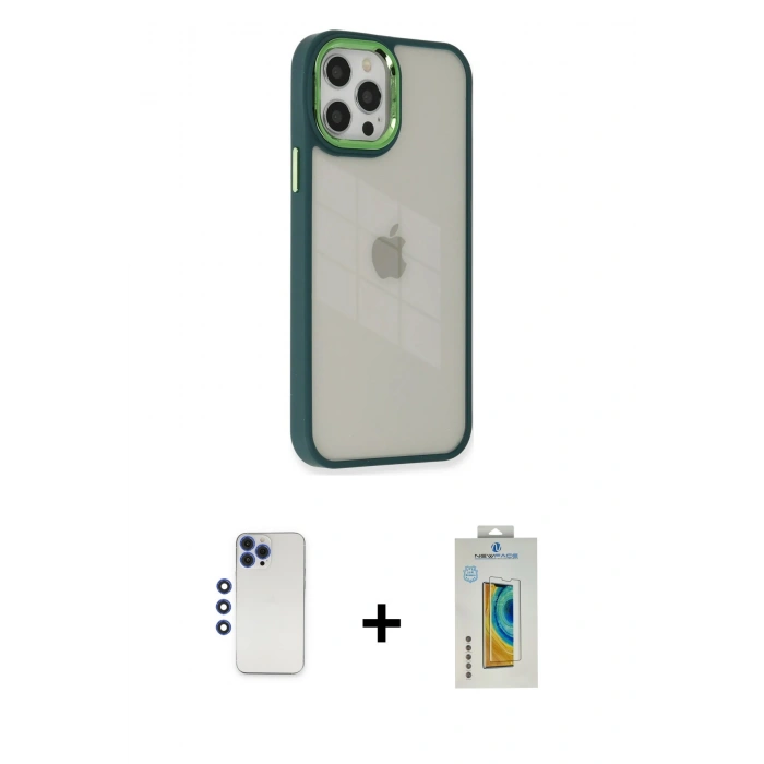 MARSİLYAN™- iPhone 12 Pro Max Kılıf Eksen Doku Prime - Siyah Polymer Nano Ekran Koruyucu + Shine Kamera Lens - LT