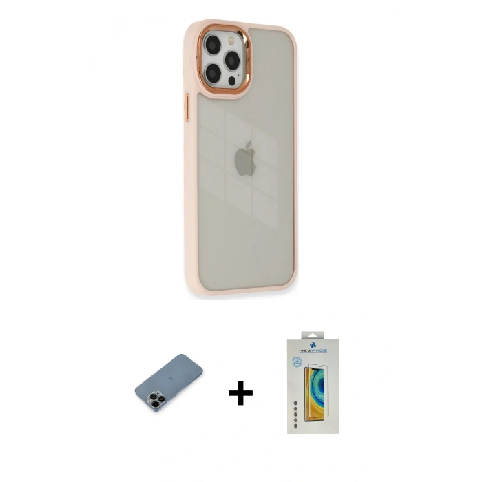 MARSİLYAN™- iPhone 12 Pro Max Kılıf Eksen Doku Prime - Siyah Polymer Nano Ekran Koruyucu + Shine Kamera Lens Koruma Cam - SH