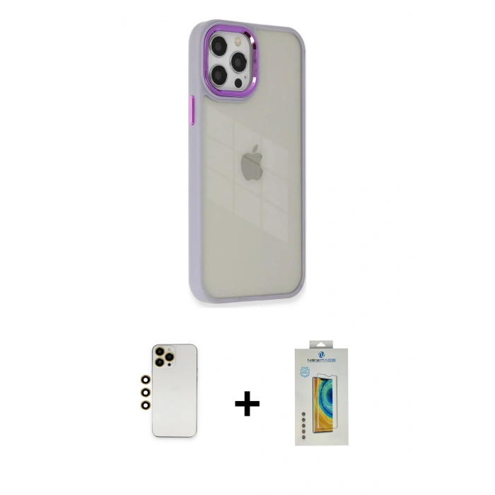MARSİLYAN™- iPhone 12 Pro Max Kılıf Eksen Doku Prime - Siyah Polymer Nano Ekran Koruyucu + Shine Kamera Lens - GD