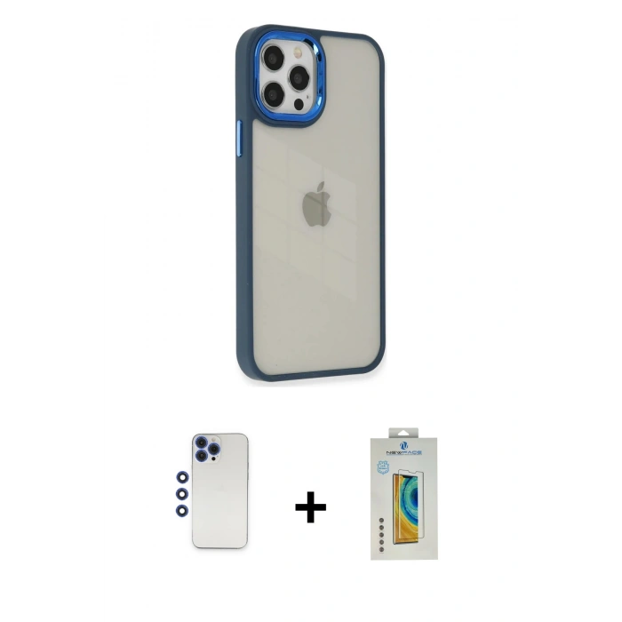 MARSİLYAN™- iPhone 12 Pro Max Kılıf Eksen Doku Prime - Siyah Polymer Nano Ekran Koruyucu + Shine Kamera Lens - LT