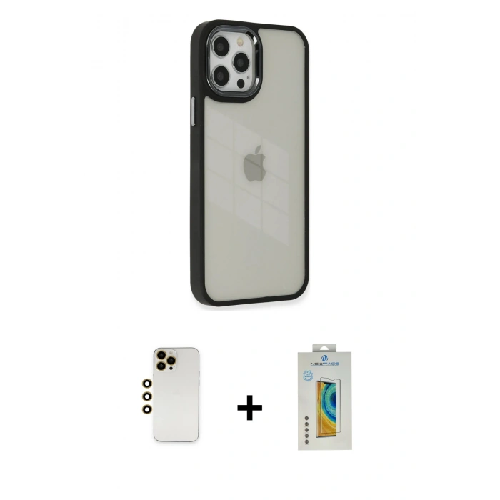 MARSİLYAN™- iPhone 12 Pro Max Kılıf Eksen Doku Prime - Siyah Polymer Nano Ekran Koruyucu + Shine Kamera Lens - GD