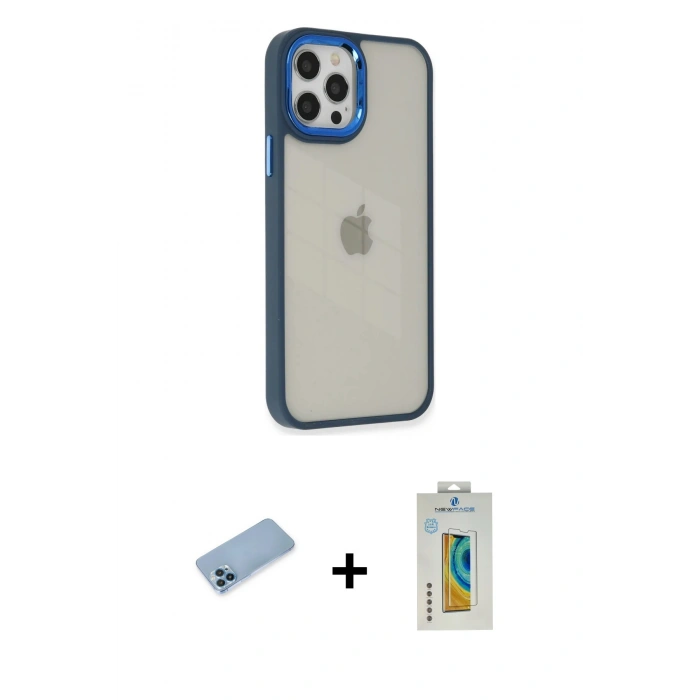 MARSİLYAN™- iPhone 12 Pro Max Kılıf Eksen Doku Prime - Siyah Polymer Nano Ekran Koruyucu + Shine Kamera Lens Koruma Cam - MI