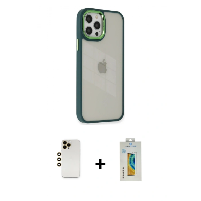 MARSİLYAN™- iPhone 12 Pro Max Kılıf Eksen Doku Prime - Siyah Polymer Nano Ekran Koruyucu + Shine Kamera Lens - GD