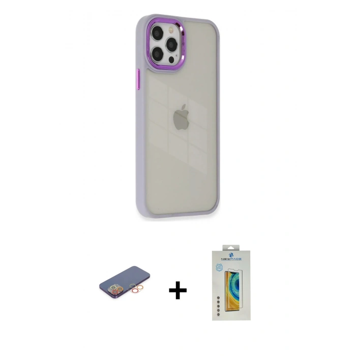 MARSİLYAN™- iPhone 12 Pro Max Kılıf Eksen Doku Prime - Siyah Polymer Nano Ekran Koruyucu + Renkli Kamera Lens Koruma Cam - TU