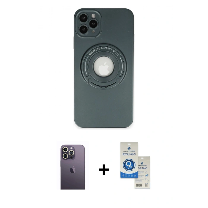MARSİLYAN™- iPhone 12 Pro Max Kılıf Eksen Klasik Prime - Şeffaf Royal Nano Ekran Koruyucu + Neon Fosforlu Kamera Lens - BZ