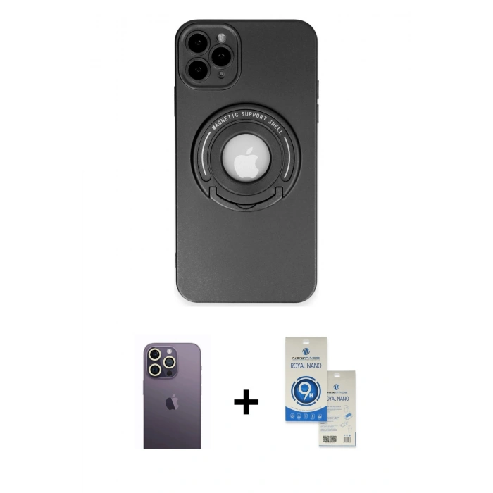 MARSİLYAN™- iPhone 12 Pro Max Kılıf Eksen Klasik Prime - Şeffaf Royal Nano Ekran Koruyucu + Neon Fosforlu Kamera Lens - BZ