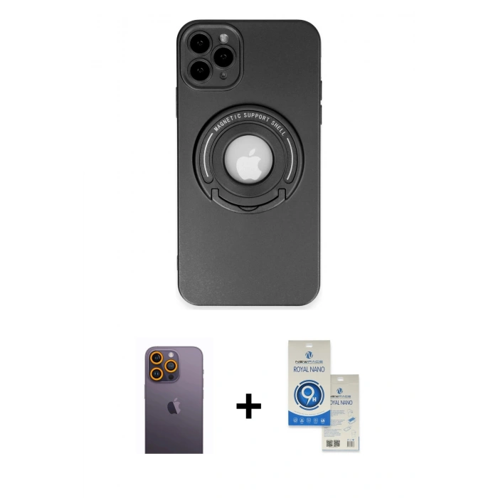 MARSİLYAN™- iPhone 12 Pro Max Kılıf Eksen Klasik Prime - Şeffaf Royal Nano Ekran Koruyucu + Neon Fosforlu Kamera Lens - SI