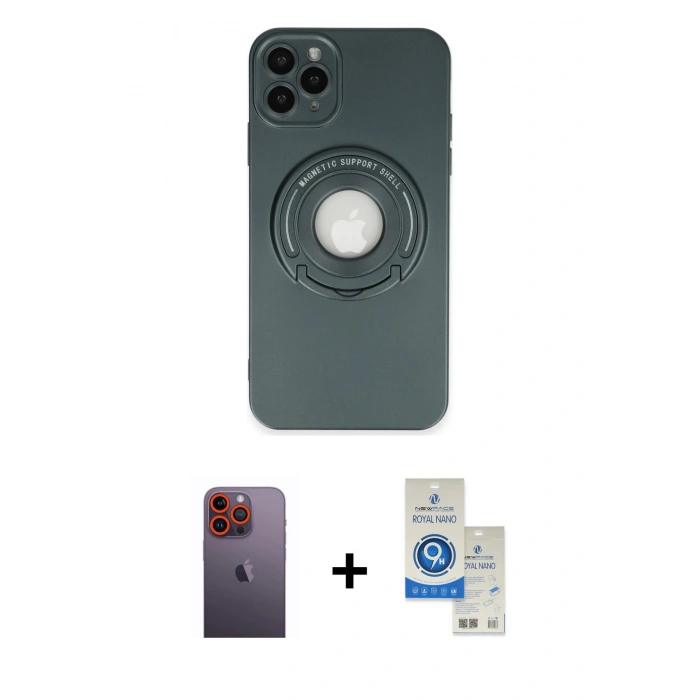 MARSİLYAN™- iPhone 12 Pro Max Kılıf Eksen Klasik Prime - Şeffaf Royal Nano Ekran Koruyucu + Neon Fosforlu Kamera Lens - TU