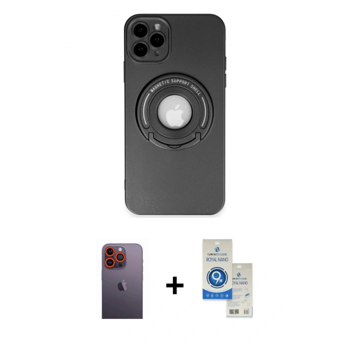 MARSİLYAN™- iPhone 12 Pro Max Kılıf Eksen Klasik Prime - Şeffaf Royal Nano Ekran Koruyucu + Neon Fosforlu Kamera Lens - TU
