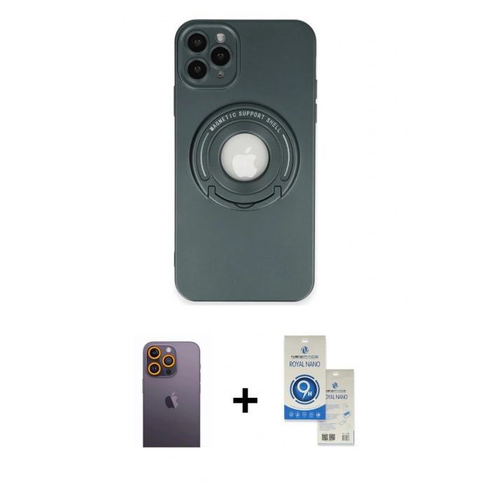 MARSİLYAN™- iPhone 12 Pro Max Kılıf Eksen Klasik Prime - Şeffaf Royal Nano Ekran Koruyucu + Neon Fosforlu Kamera Lens - SI