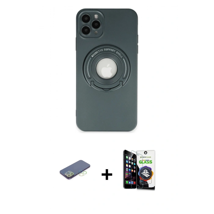 MARSİLYAN™- iPhone 12 Pro Max Kılıf Eksen Klasik Prime - Şeffaf Temperli Cam Ekran Koruyucu + Yeşil Renkli Kamera Lens Koruma Cam