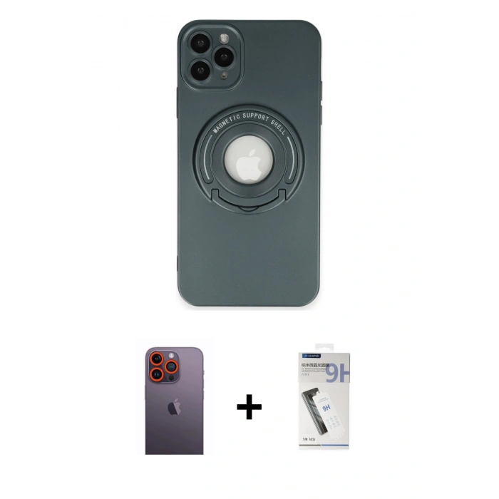 MARSİLYAN™- iPhone 12 Pro Max Kılıf Eksen Klasik Prime - Şeffaf Uv Polymer Nano Ekran Koruyucu + Neon Fosforlu Kamera Lens - TU