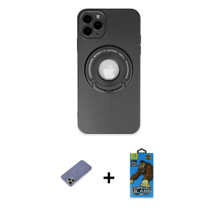 MARSİLYAN™- iPhone 12 Pro Max Kılıf Eksen Klasik Prime - Siyah 18D Cam Ekran Koruyucu + Metal Kamera Lens Koruma Cam - GD