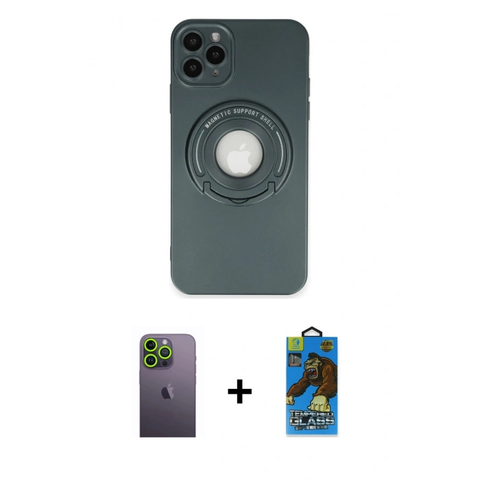 MARSİLYAN™- iPhone 12 Pro Max Kılıf Eksen Klasik Prime - Siyah 18D Cam Ekran Koruyucu + Neon Fosforlu Kamera Lens - YL