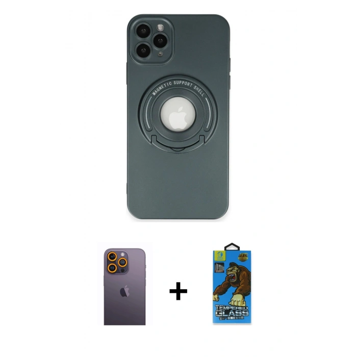 MARSİLYAN™- iPhone 12 Pro Max Kılıf Eksen Klasik Prime - Siyah 18D Cam Ekran Koruyucu + Sarı Neon Fosforlu Kamera Lens