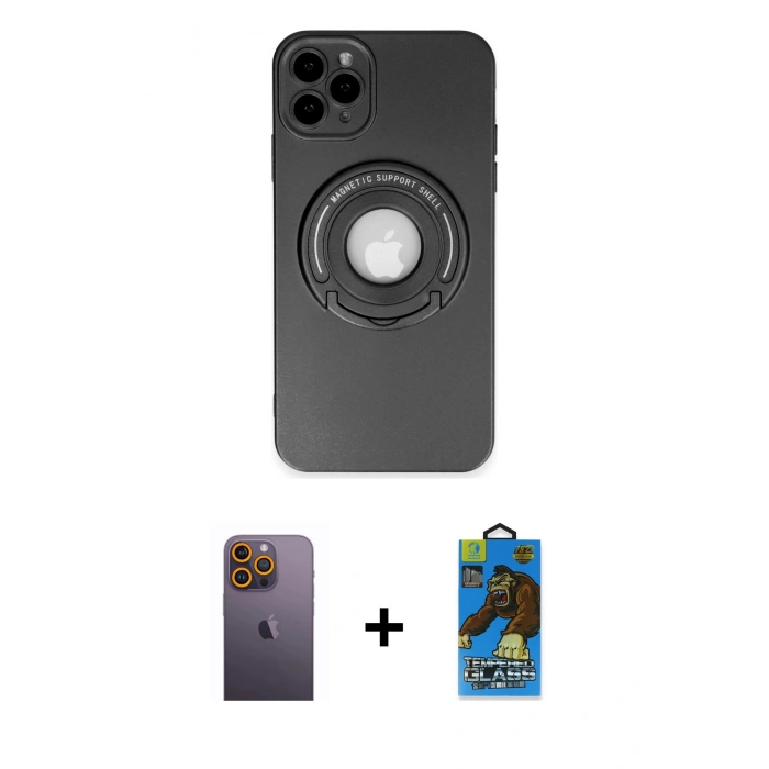 MARSİLYAN™- iPhone 12 Pro Max Kılıf Eksen Klasik Prime - Siyah 18D Cam Ekran Koruyucu + Sarı Neon Fosforlu Kamera Lens