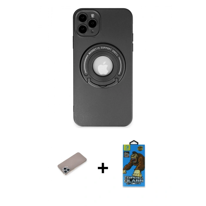 MARSİLYAN™- iPhone 12 Pro Max Kılıf Eksen Klasik Prime - Siyah 18D Cam Ekran Koruyucu + Shine Kamera Lens Koruma Cam - SABE