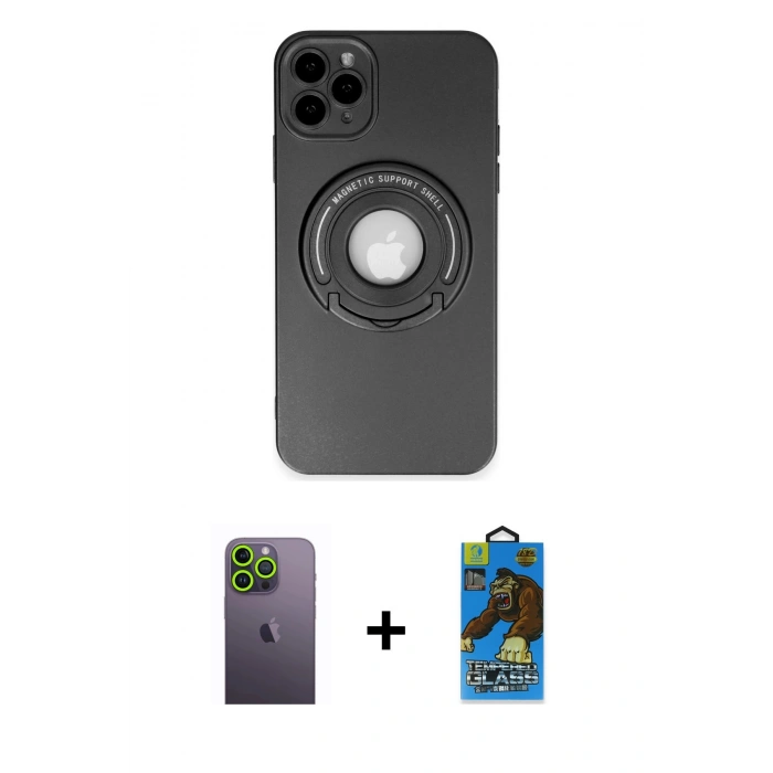 MARSİLYAN™- iPhone 12 Pro Max Kılıf Eksen Klasik Prime - Siyah 18D Cam Ekran Koruyucu + Neon Fosforlu Kamera Lens - YL