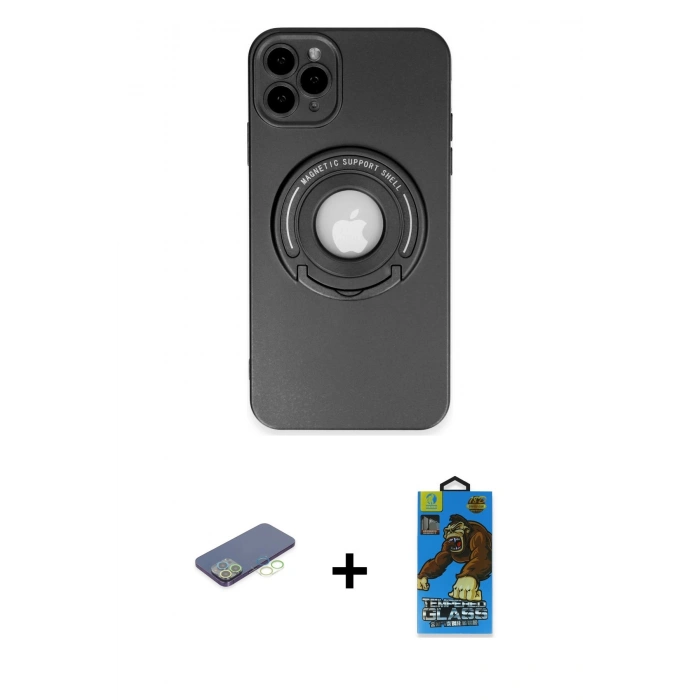 MARSİLYAN™- iPhone 12 Pro Max Kılıf Eksen Klasik Prime - Siyah 18D Cam Ekran Koruyucu + Renkli Kamera Lens Koruma Cam - YL