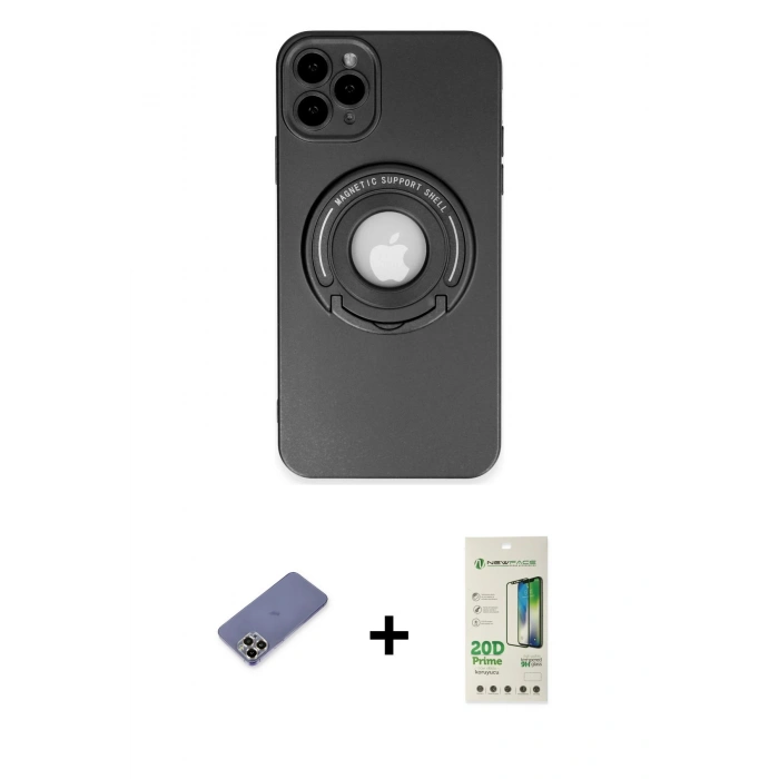 MARSİLYAN™- iPhone 12 Pro Max Kılıf Eksen Klasik Prime - Siyah 20D Premium Cam Ekran Koruyucu + Gold Metal Kamera Lens Koruma Cam