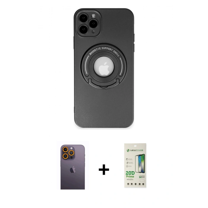 MARSİLYAN™- iPhone 12 Pro Max Kılıf Eksen Klasik Prime - Siyah 20D Premium Cam Ekran Koruyucu + Sarı Neon Fosforlu Kamera Lens