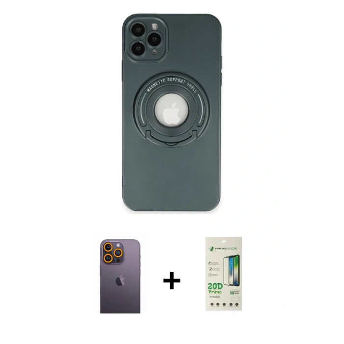 MARSİLYAN™- iPhone 12 Pro Max Kılıf Eksen Klasik Prime - Siyah 20D Premium Cam Ekran Koruyucu + Sarı Neon Fosforlu Kamera Lens
