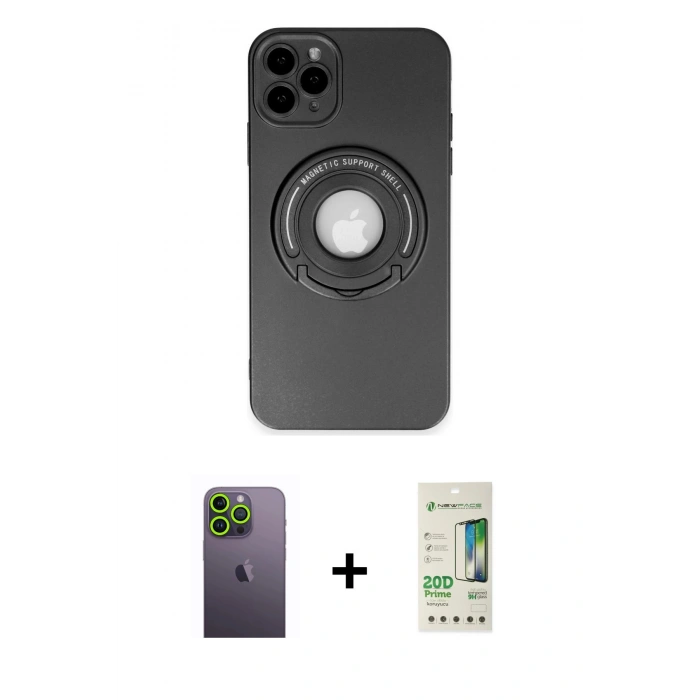 MARSİLYAN™- iPhone 12 Pro Max Kılıf Eksen Klasik Prime - Siyah 20D Premium Cam Ekran Koruyucu + Yeşil Neon Fosforlu Kamera Lens