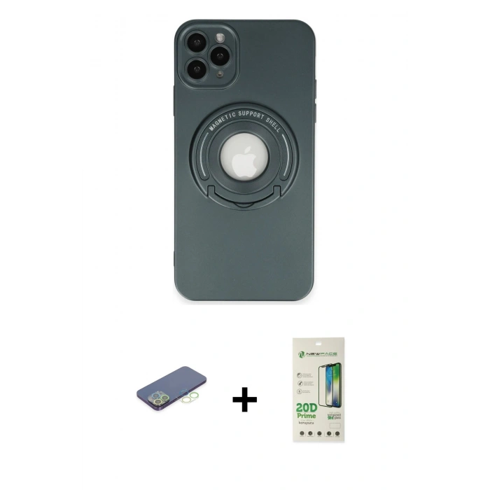 MARSİLYAN™- iPhone 12 Pro Max Kılıf Eksen Klasik Prime - Siyah 20D Premium Cam Ekran Koruyucu + Yeşil Renkli Kamera Lens Koruma Cam