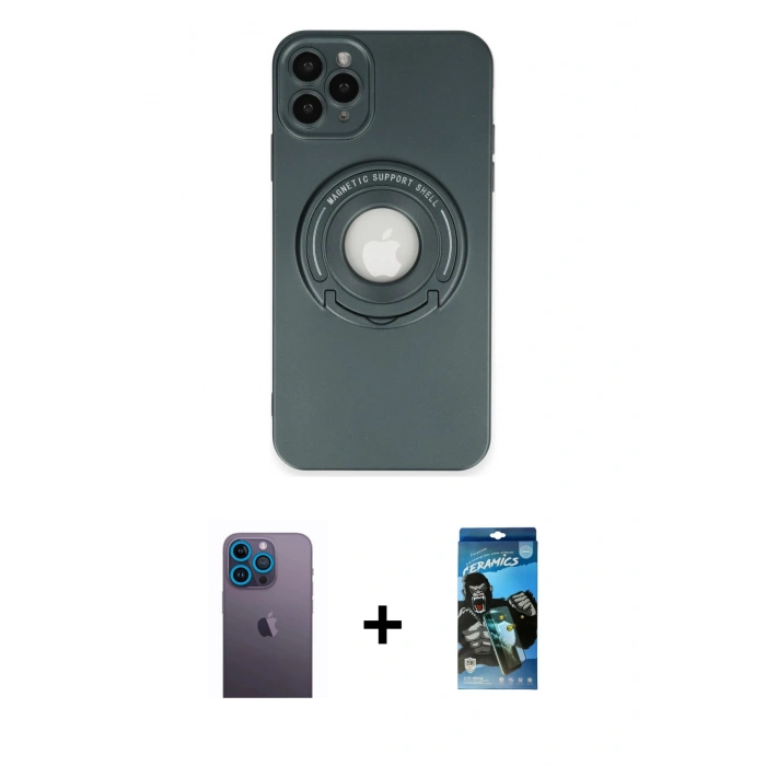 MARSİLYAN™- iPhone 12 Pro Max Kılıf Eksen Klasik Prime - Siyah 34D Izgaralı Cam + Neon Fosforlu Kamera Lens - MI