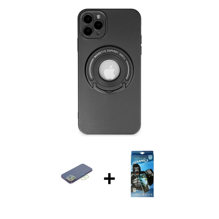 MARSİLYAN™- iPhone 12 Pro Max Kılıf Eksen Klasik Prime - Siyah 34D Izgaralı Cam + Renkli Kamera Lens Koruma Cam - YL