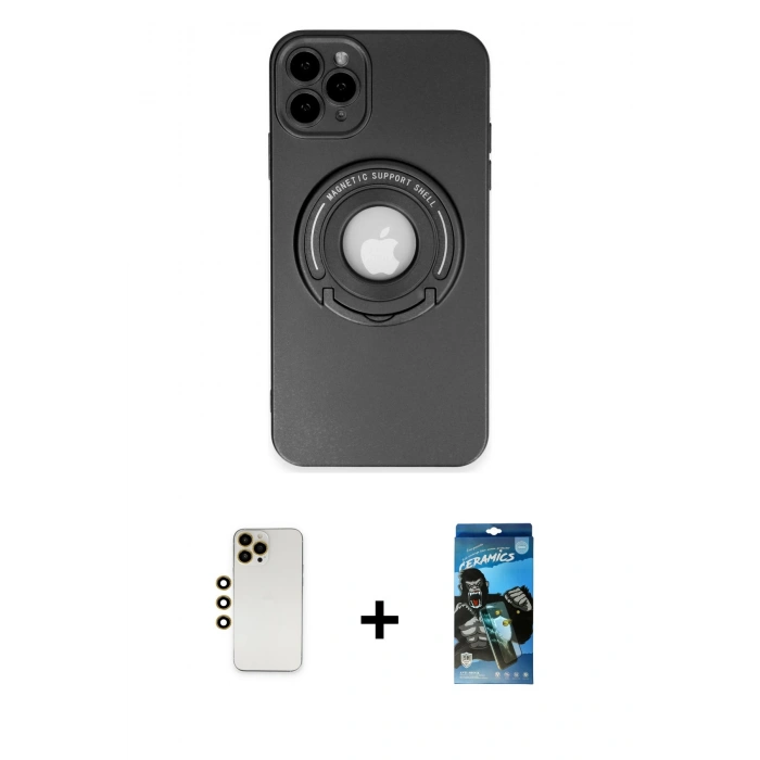 MARSİLYAN™- iPhone 12 Pro Max Kılıf Eksen Klasik Prime - Siyah 34D Izgaralı Cam + Shine Kamera Lens - GD