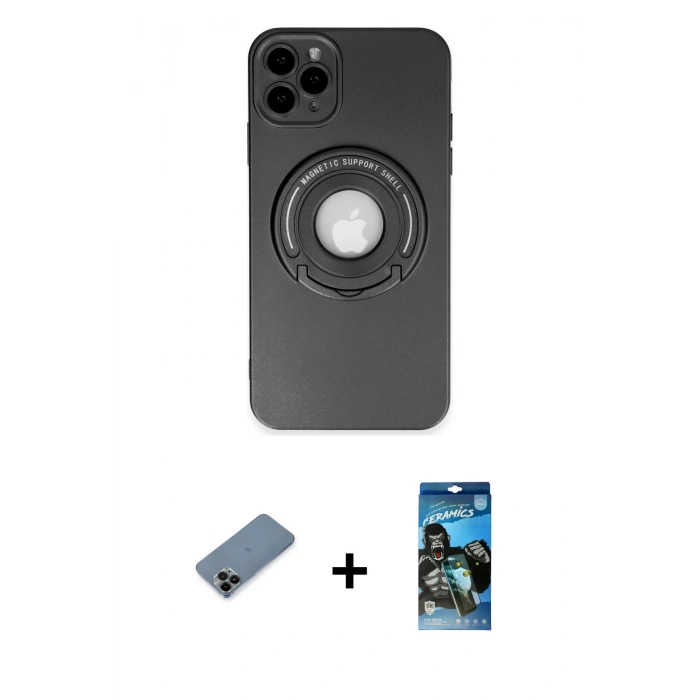 MARSİLYAN™- iPhone 12 Pro Max Kılıf Eksen Klasik Prime - Siyah 34D Izgaralı Cam + Shine Kamera Lens Koruma Cam - SH