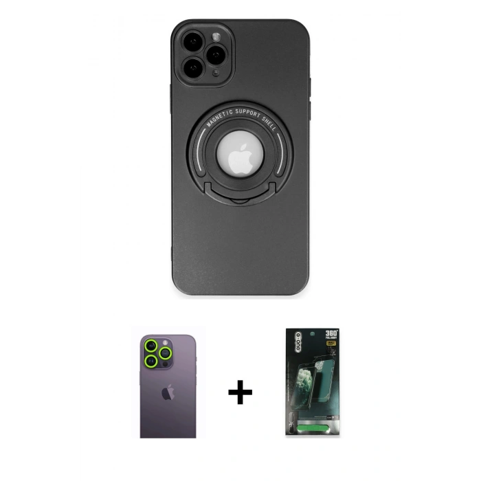 MARSİLYAN™- iPhone 12 Pro Max Kılıf Eksen Klasik Prime - Siyah 360 Mat Full Body Arka Koruyucu + Neon Fosforlu Kamera Lens - YL