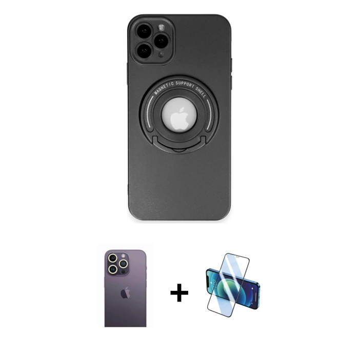 MARSİLYAN™- iPhone 12 Pro Max Kılıf Eksen Klasik Prime - Siyah 3D Antistatik Cam Ekran Koruyucu + Neon Fosforlu Kamera Lens - BZ